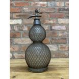 Large antique glass and mesh 'Veritable Seltzogene' French double gourd soda siphon, H 44cm