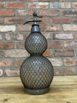 Large antique glass and mesh 'Veritable Seltzogene' French double gourd soda siphon, H 44cm