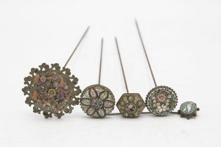 Collection of micro mosaic hat pins with floral detail together with a further micro mosaic stick