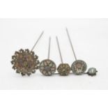 Collection of micro mosaic hat pins with floral detail together with a further micro mosaic stick