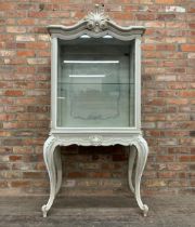 French painted glazed display cabinet, shelved interior with painted door at the back on cabriole