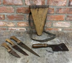 Quantity of antique French abattoir knives with carcass splitter meat cleaver (4)