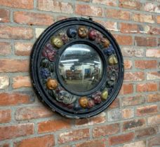 Unusual good large Barbola convex wall mirror, with original pitted glass, 64cm diameter