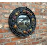 Unusual good large Barbola convex wall mirror, with original pitted glass, 64cm diameter