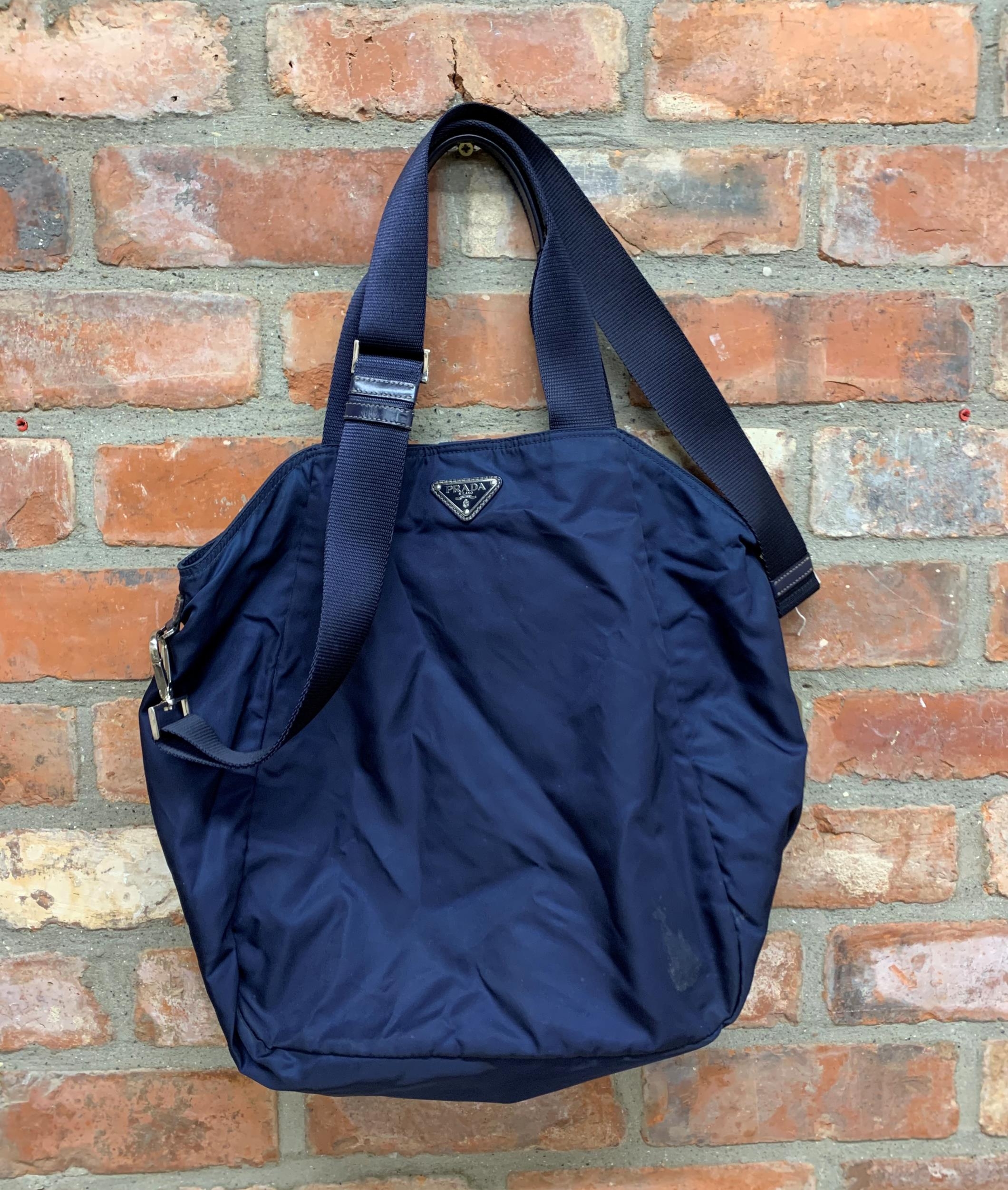 Prada - navy blue nylon shopping bag with detachable shoulder strap and original dust bag