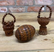 Two Victorian hand carved treen coquilla nut baskets with cocquilla egg shaped sewing box (3)