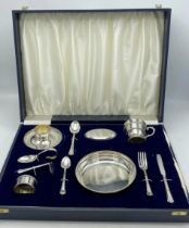 Good quality Angora silver plated cased Christening set, comprising dish, cup, egg cup, brush,
