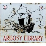 Vintage 'Argosy Library' double sided enamel advertising sign with central ship graphic, 38cm X 45cm
