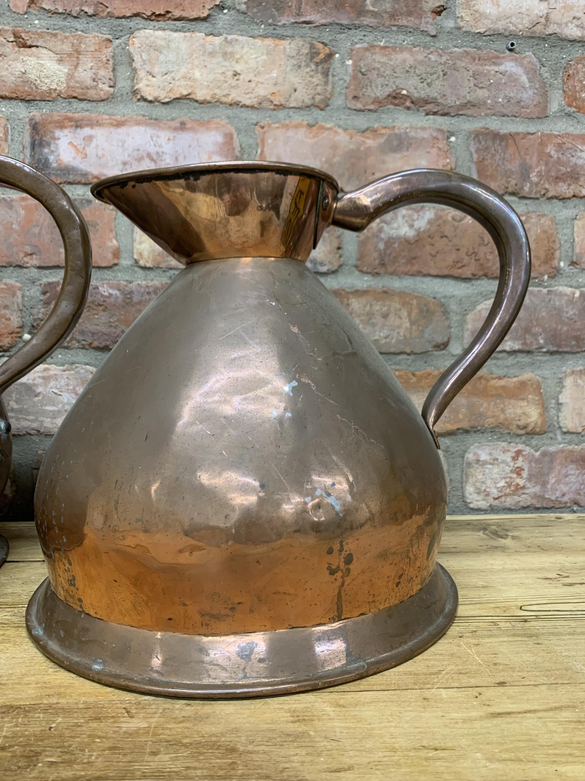 Two large Victorian copper haystack jugs, largest H 37cm - Image 3 of 3