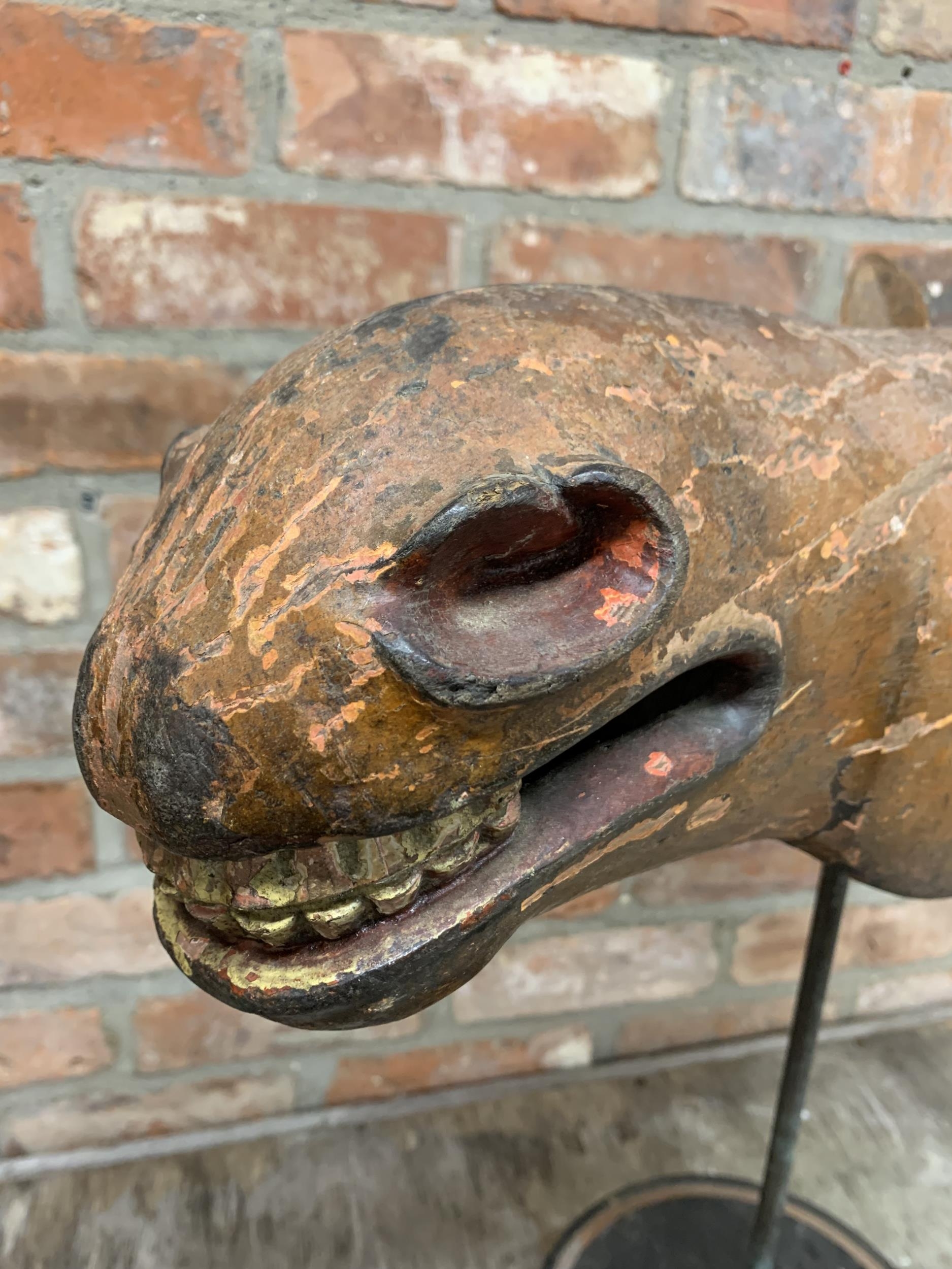 Wonderful antique Folk Art horse head with wooden ears on ebonised circular base, possibly a South - Image 2 of 4