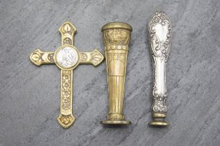 French silver handled seal, 10.5cm long, further antique brass seal and large brass crucifix pendant