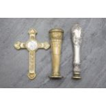 French silver handled seal, 10.5cm long, further antique brass seal and large brass crucifix pendant