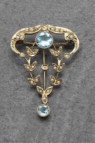 Edwardian 9ct aquamarine and seed pearl lavalier pendant or brooch, 4cm high, 3.1g