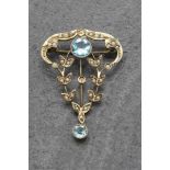 Edwardian 9ct aquamarine and seed pearl lavalier pendant or brooch, 4cm high, 3.1g