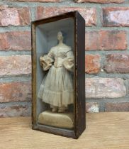 Antique Folk Art doll with lace dress held in wooden case, H 28cm