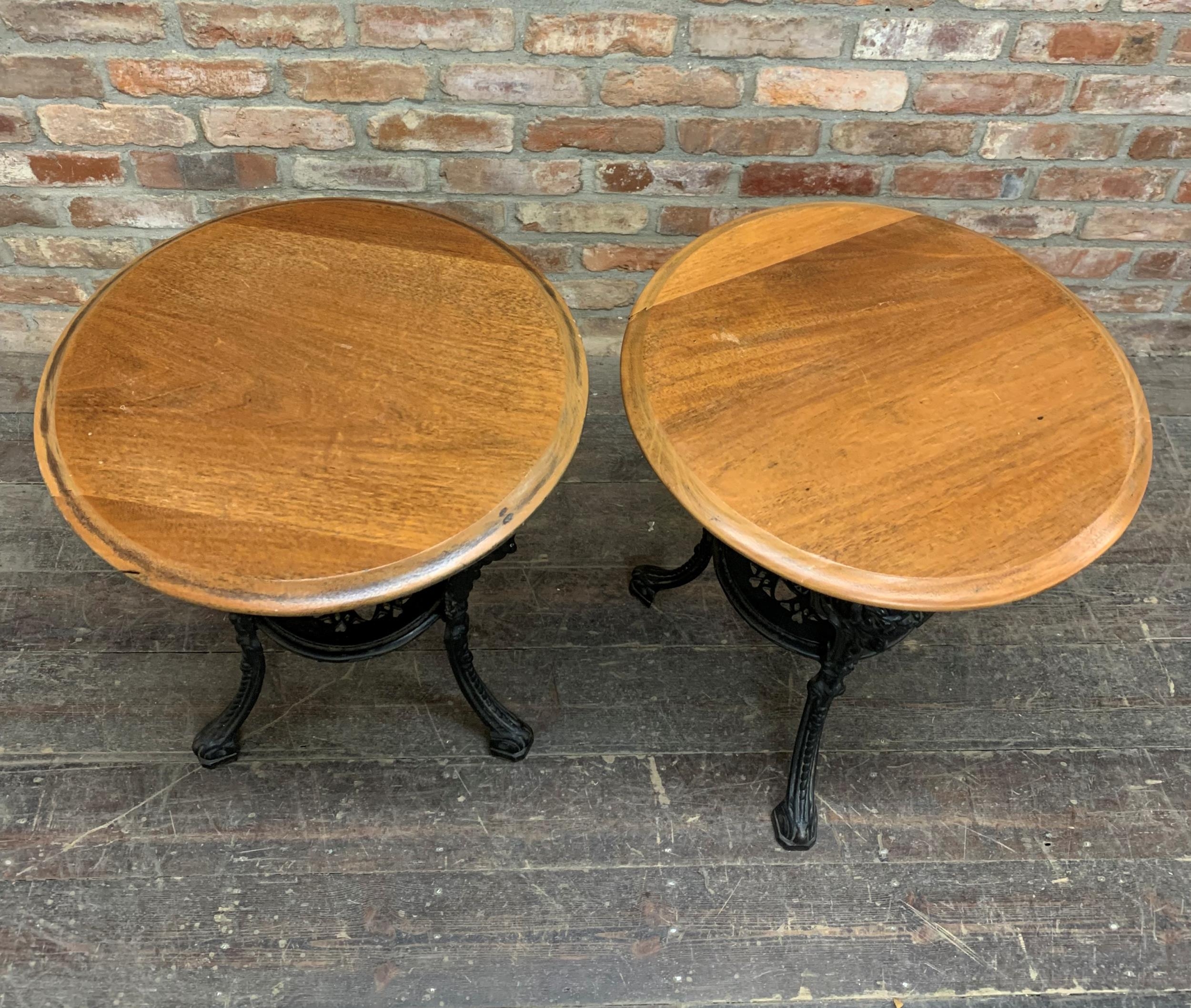 Pair of antique Britannia Head cast iron pub tables, with newer tops, H 70cm x D 57cm (2) - Image 2 of 4