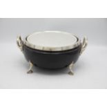 Handsome 19th century silver plate and ebonised wood fruit bowl, with twin handles, four feet and