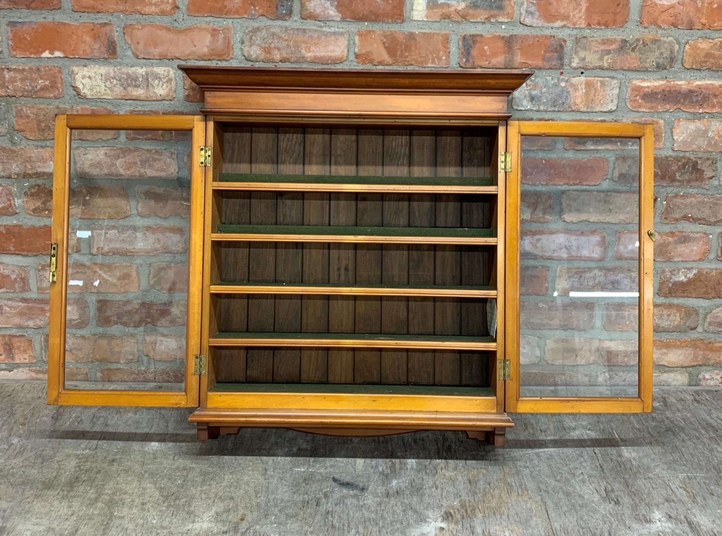 Antique glazed hanging display cabinet with baize lined shelves, H 77cm x W 70cm x D 18cm