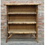 Victorian Aesthetic Movement bamboo and rattan open bookcase with three fitted shelves, H 100cm x