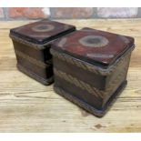 Pair of antique Kenyan biscuit tins with leather and woven exterior, 11cm x 11cm