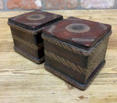 Pair of antique Kenyan biscuit tins with leather and woven exterior, 11cm x 11cm