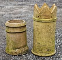 Two weathered buff coloured chimney pots, H 62cm (largest)