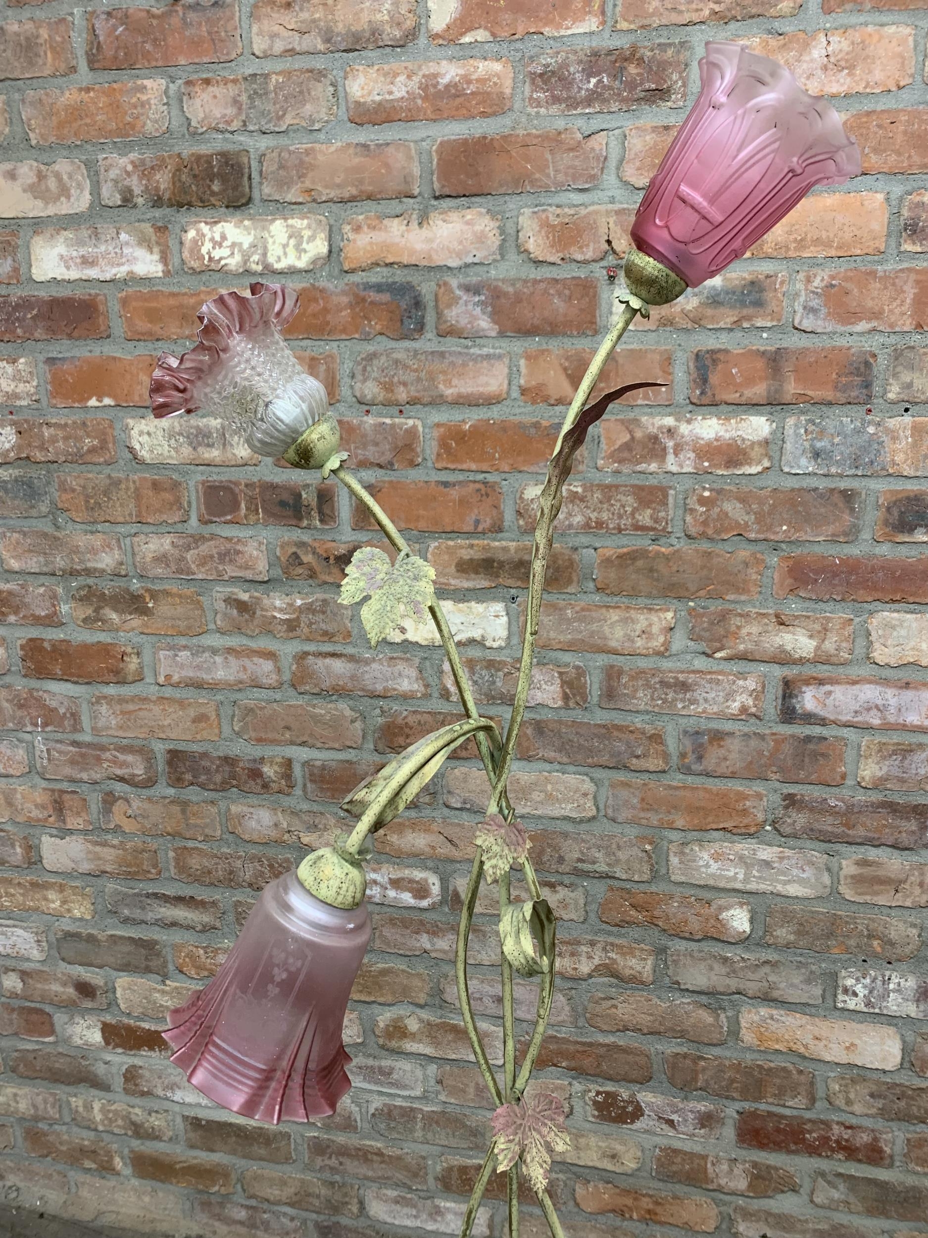 Vintage French Mid Century wirework floral floor lamp with cranberry glass shades, H 180cm - Image 2 of 4
