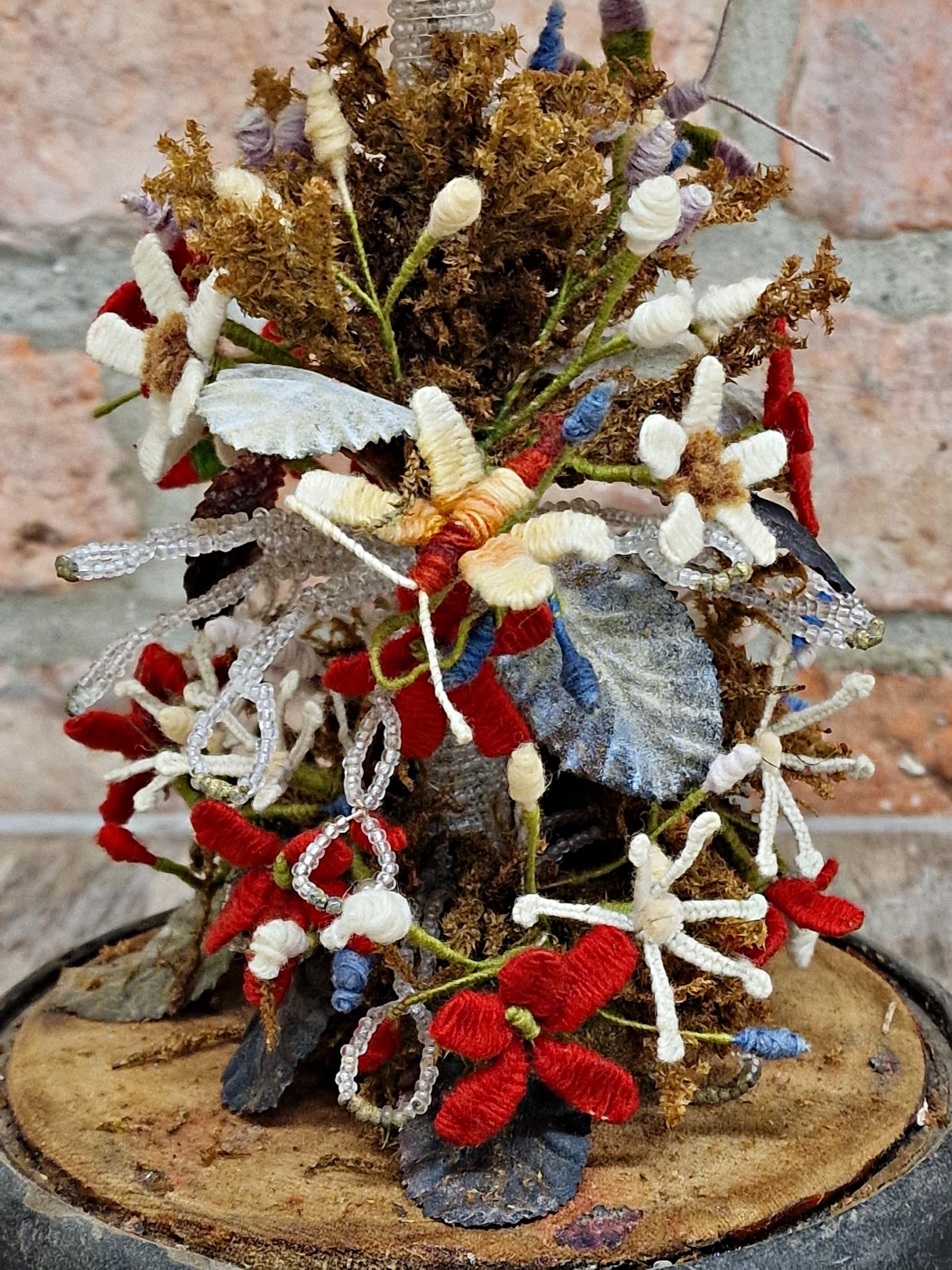 Victorian wool work and glass floral display held in glass dome display, H 46cm - Image 2 of 2