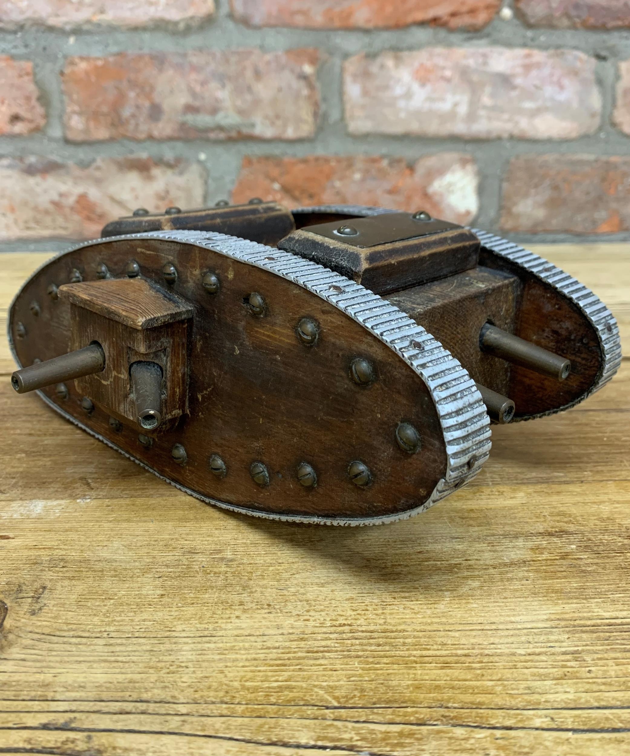 WWI hand crafted Trench Art wooden and aluminium money box in the form of British Mark IV tank, H - Image 2 of 3