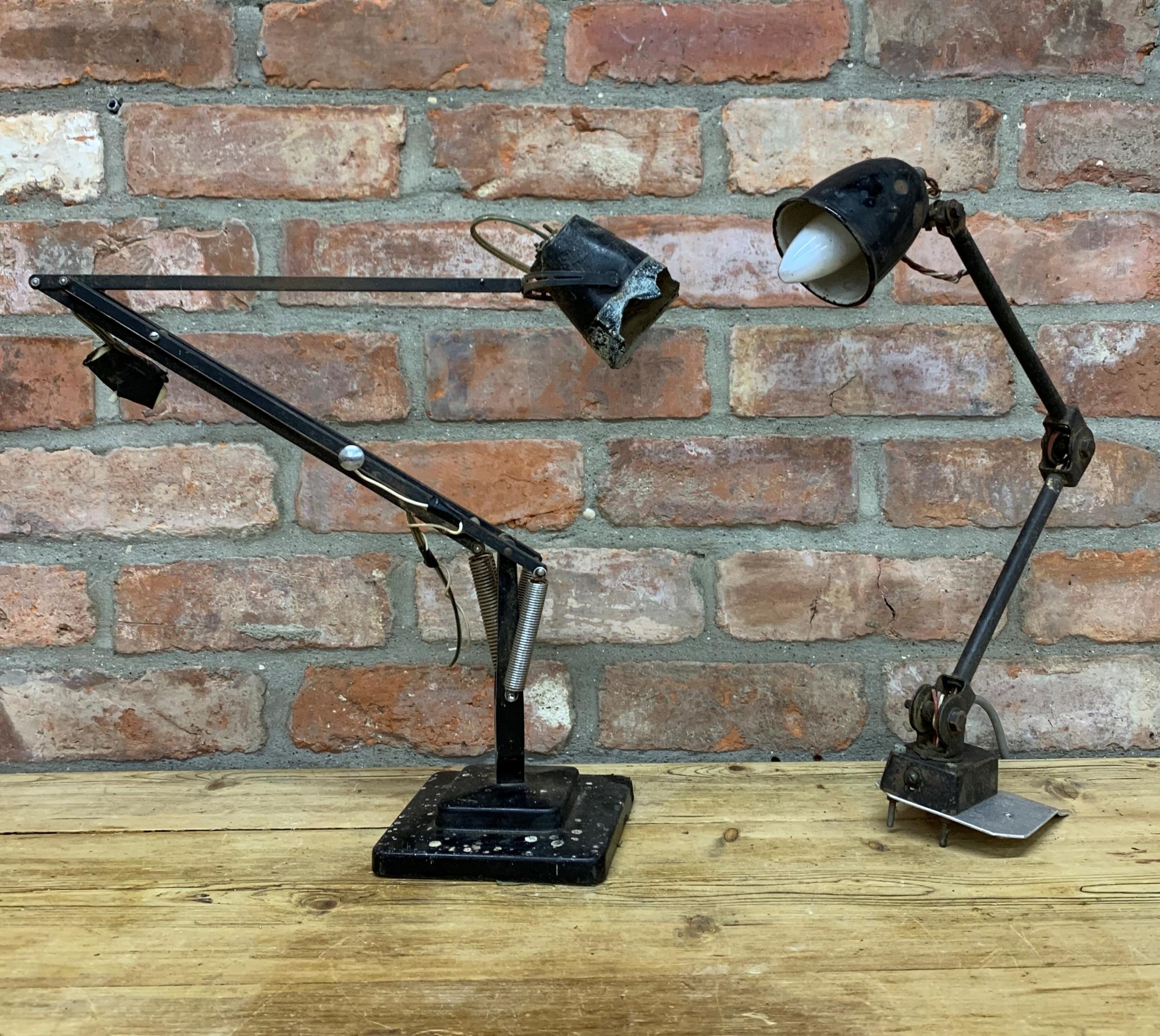 Vintage industrial articulated wall light with enamel shade, with a Herbert Terry 'Anglepoise' on