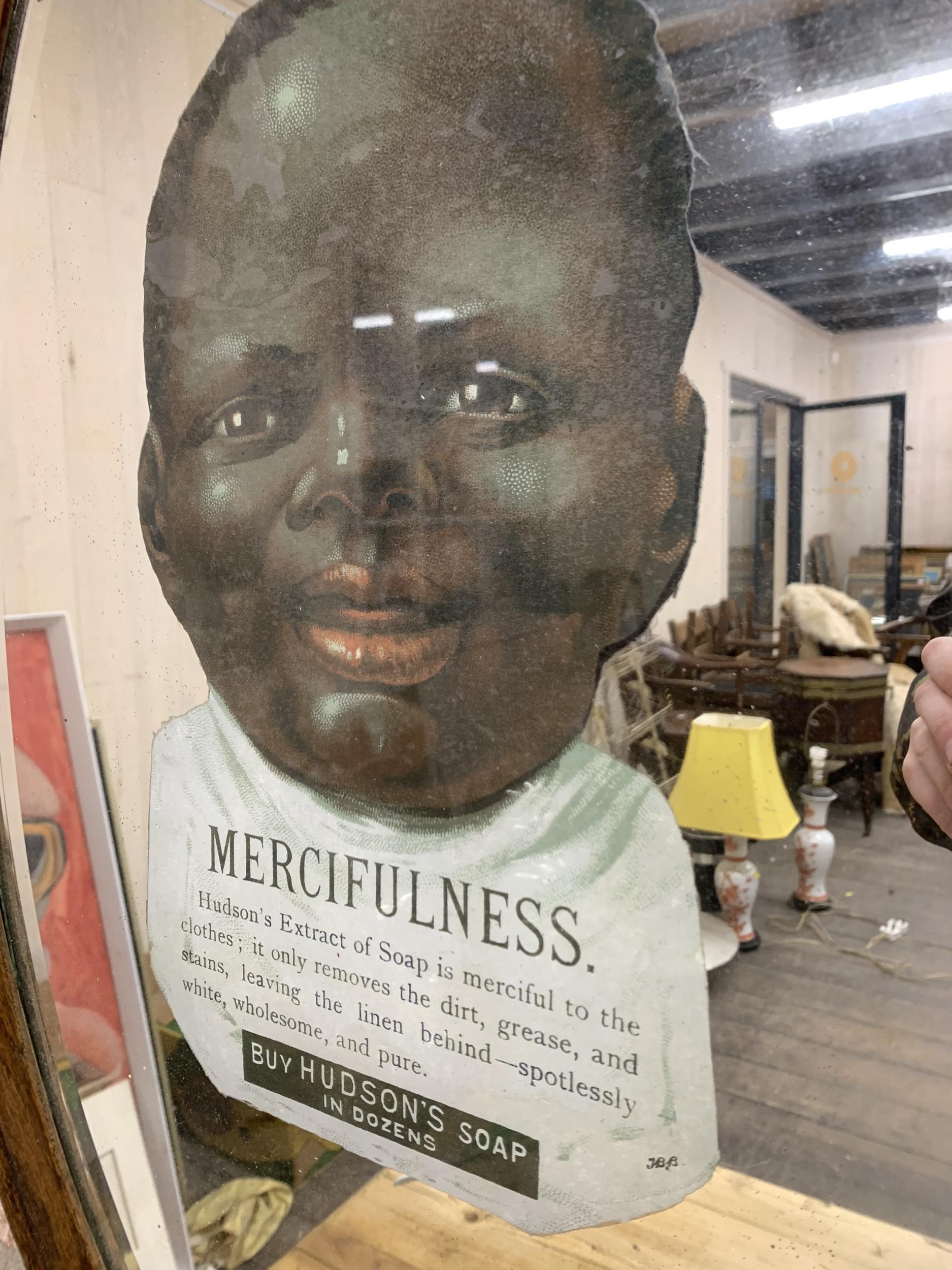 Advertising - Antique Hudson's soap 'mercifulness' mirror in oak frame, 73cm X 47cm - Image 2 of 3