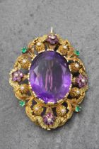 Superb Austro-Hungarian Georgian 22ct Amethyst, ruby, emerald and pearl brooch, the central stone 30