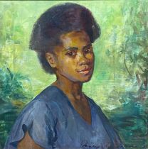 Mary Edwards (1894-1988) - Fijian Beauty, bust portrait, signed, oil on canvas, 50 x 50cm, framed