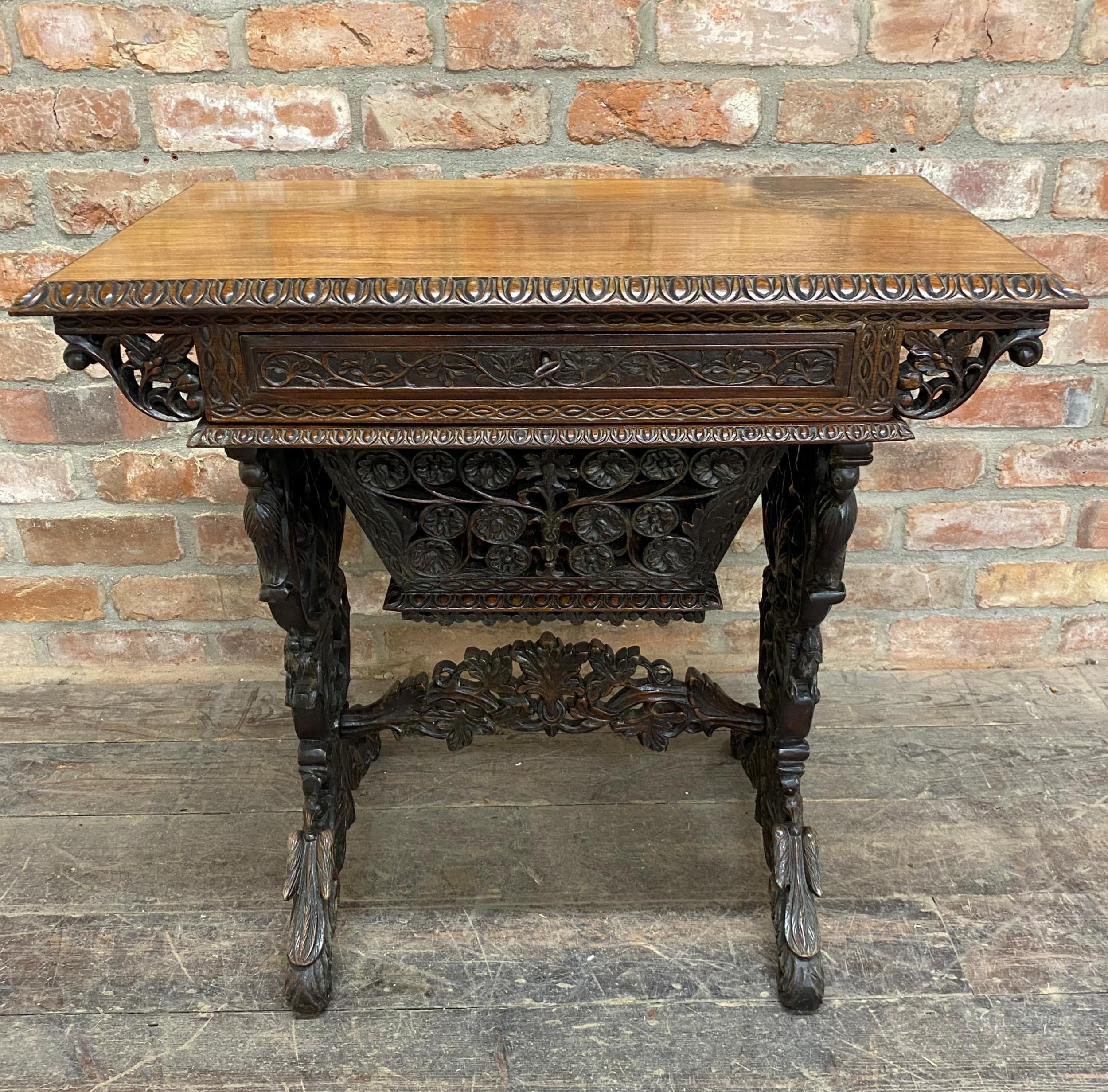 Exceptional quality Anglo Burmese / Indian padauk work table, the top with darted borders upon a - Image 3 of 9