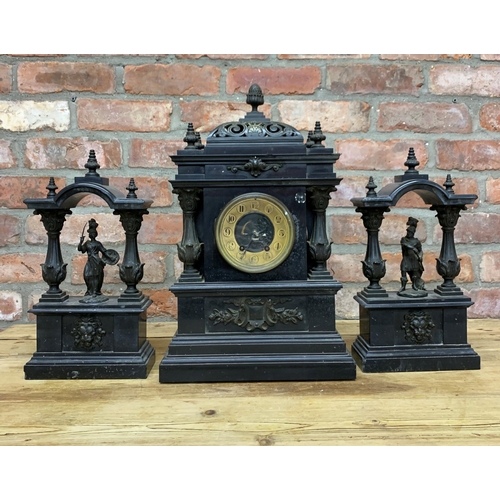 Victorian architectural black slate clock garniture, the dial with gilt chaptering and twin train