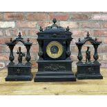 Victorian architectural black slate clock garniture, the dial with gilt chaptering and twin train