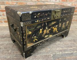 Impressive Chinese camphorwood lacquered specimen inlaid trunk decorated with a hardstone and bone