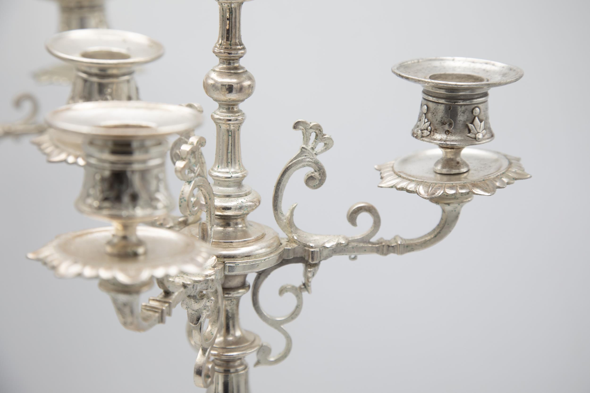 Impressive pair Aesthetic Period cast silver plated three branch candelabra, 55cm high - Image 4 of 4