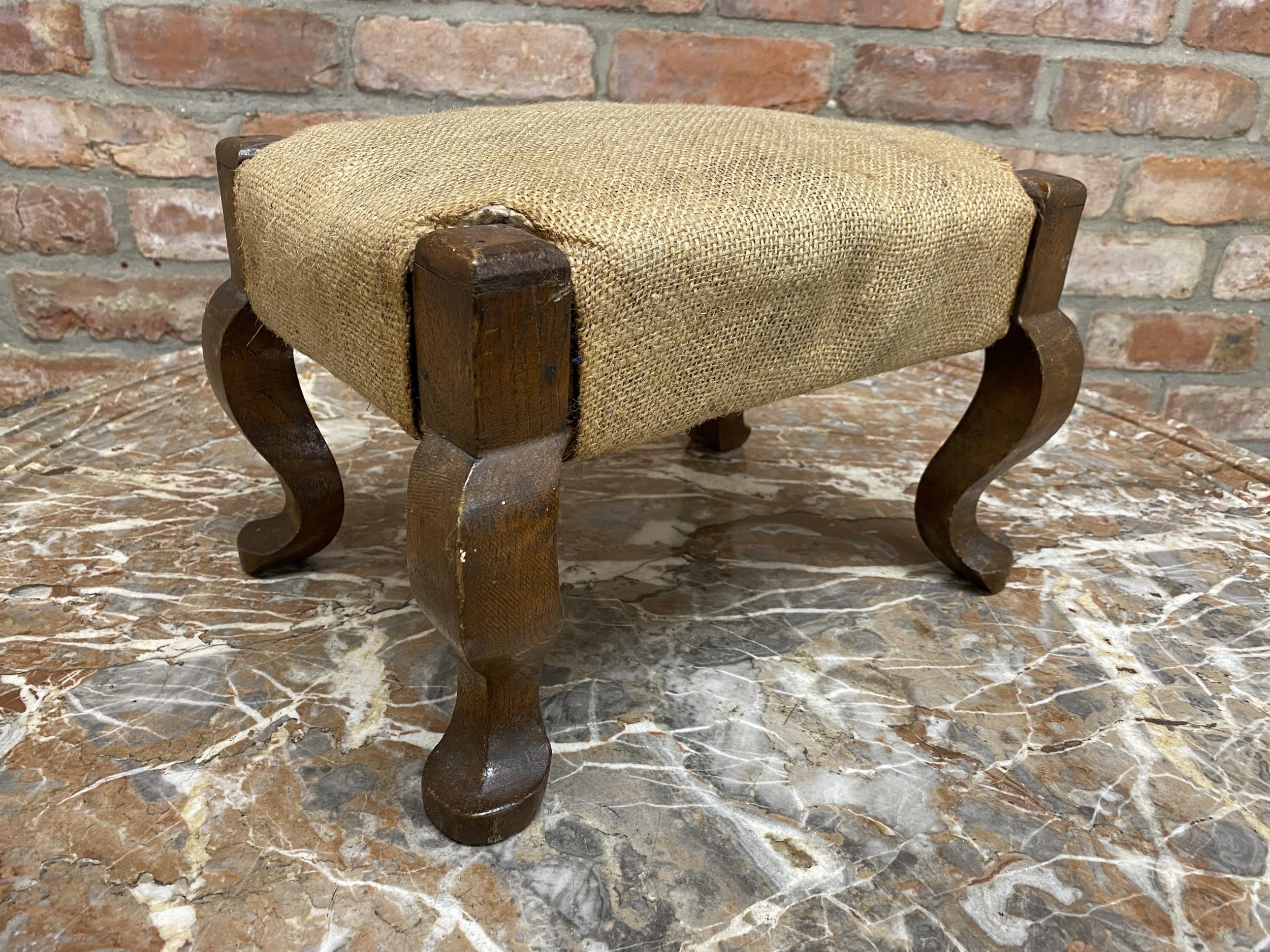Antique oak cabriole foot stool with hessian upholstery, H 23cm x W 35cm