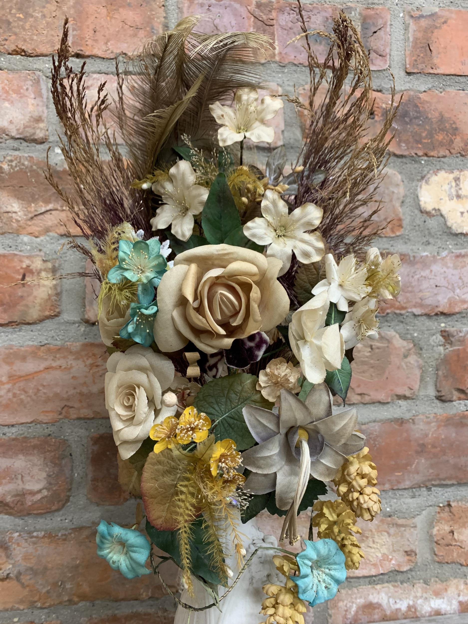 Victorian diorama of fabric flowers in a bisque baluster vase on a bed of shells, under a good - Image 4 of 4