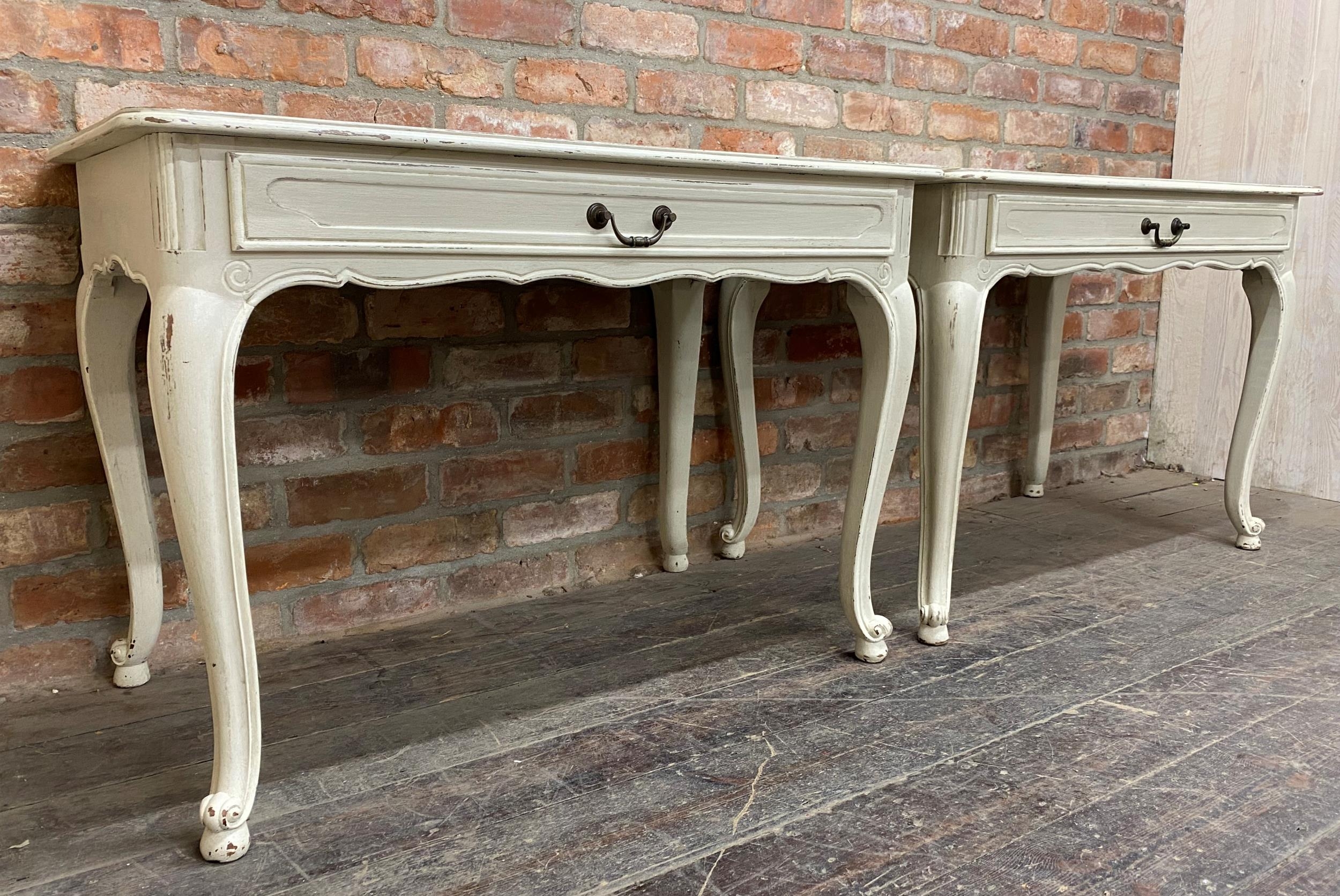 Pair of antique French painted console tables, fitted with a single drawer on cabriole legs, H - Image 2 of 4