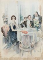 20th century school - Art Deco dinner scene, indistinctly signed, watercolour painting, 77cm x 56cm