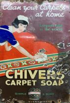 "Chivers Carpet Soap" enamel sign depicting a maid cleaning a carpet, 75cm x 50cm