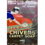 "Chivers Carpet Soap" enamel sign depicting a maid cleaning a carpet, 75cm x 50cm