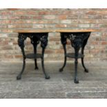 Pair of antique Britannia Head cast iron pub tables, with newer tops, H 70cm x D 57cm (2)