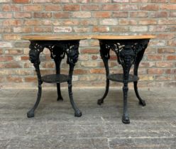 Pair of antique Britannia Head cast iron pub tables, with newer tops, H 70cm x D 57cm (2)