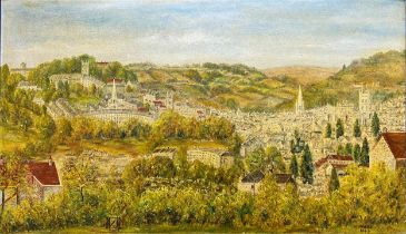 W* Hoare (20th century) - study of the City of Bath, signed and dated 1949, oil on board, 40 x 69cm,