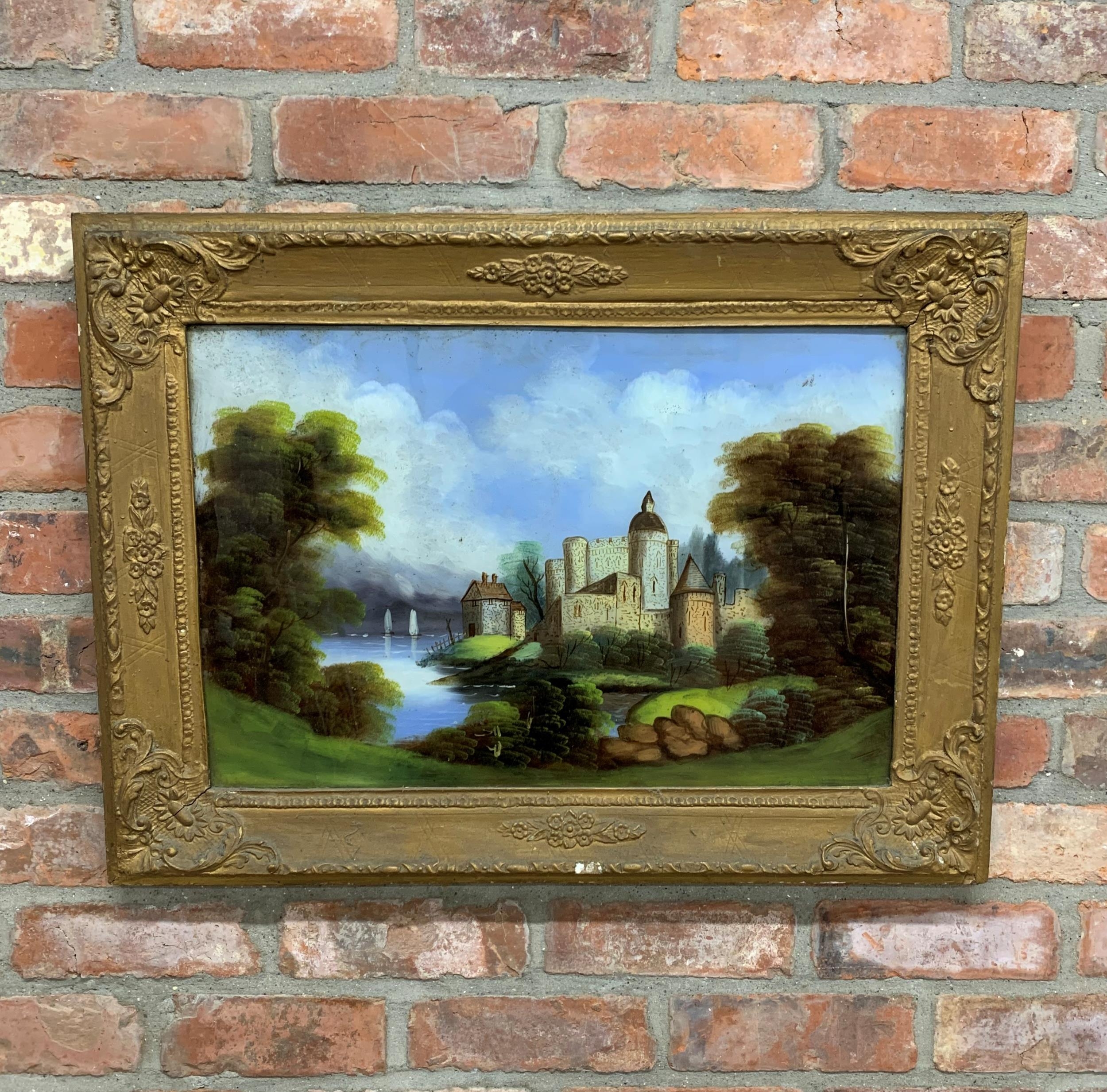 Large Victorian reverse glass landscape painting, 59cm x 80cm - Image 2 of 5