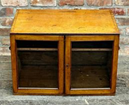 Antique mahogany table cabinet with two glazed cupboard doors and twin carry handles, H 51cm x W