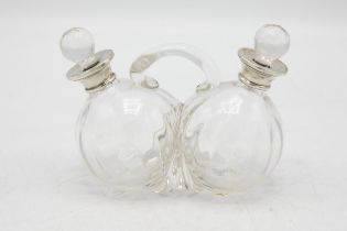 1920s hand blown lobed glass oil and vinegar bottle with silver collars, maker Wolfsky & Co Ltd,